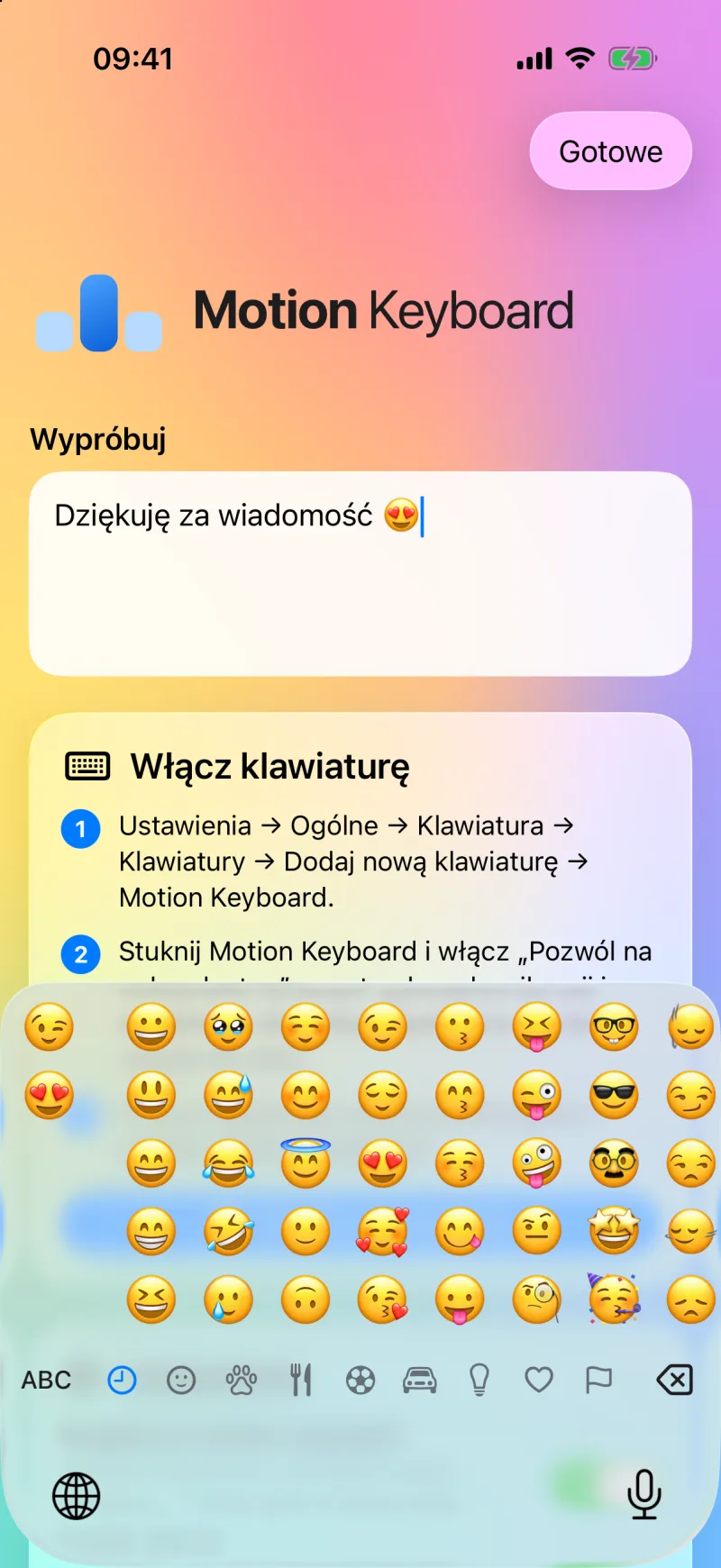 Panel emoji Motion Keyboard z ostatnio używanymi i kategoriami na dole