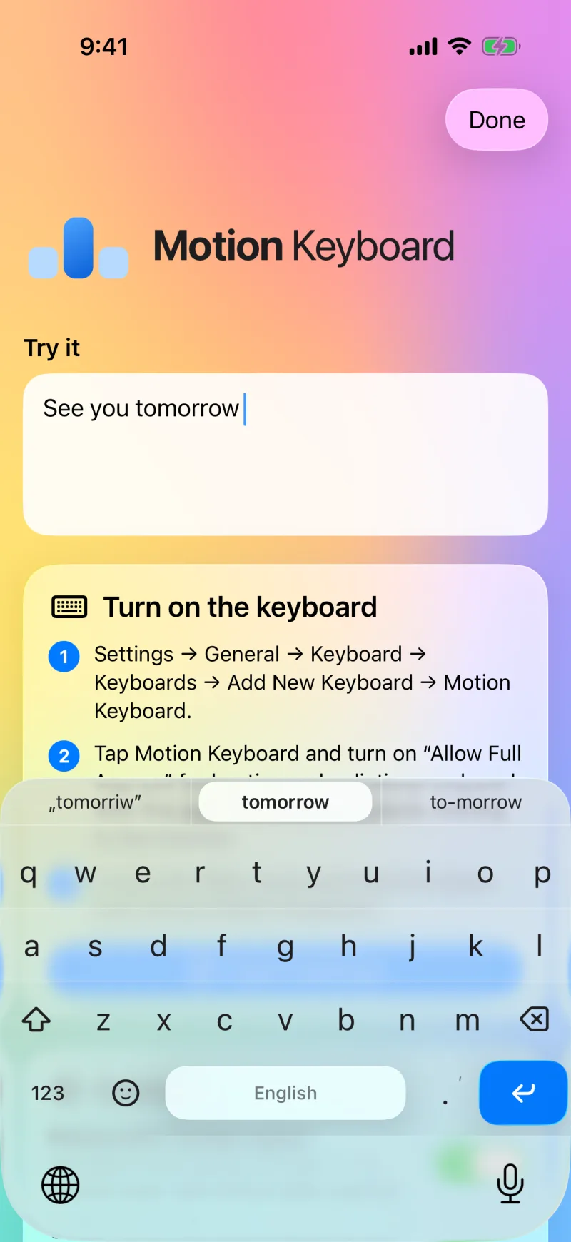 Typed “tomorriw” corrected to “tomorrow” in “See you tomorrow”, with other versions on the bar