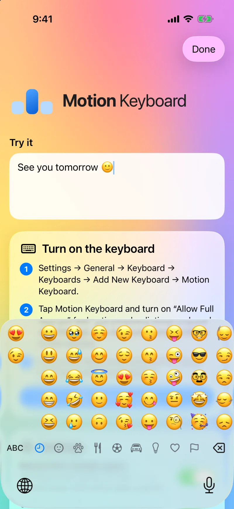 Motion Keyboard emoji panel with recent emoji and categories at the bottom